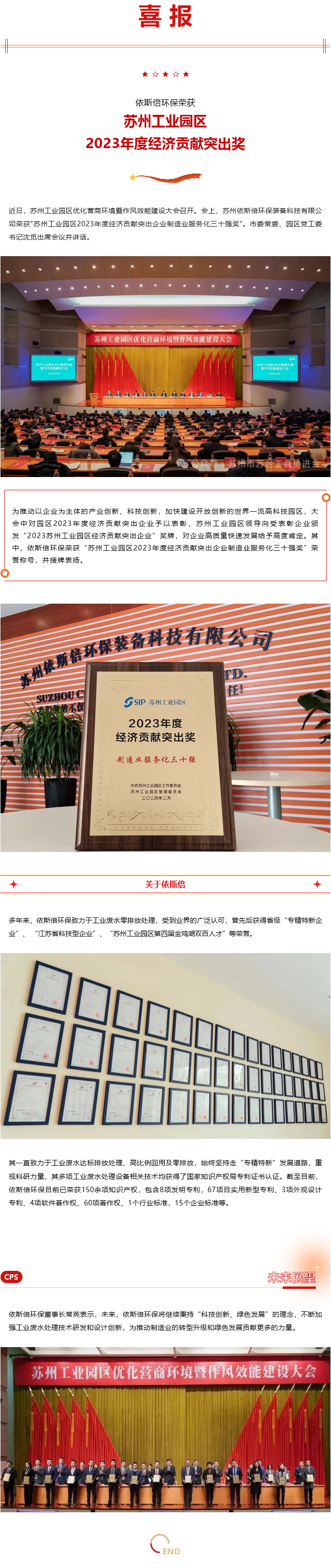 喜報 依斯倍環(huán)保榮獲蘇州工業(yè)園區(qū)2023年度經濟貢獻突出獎